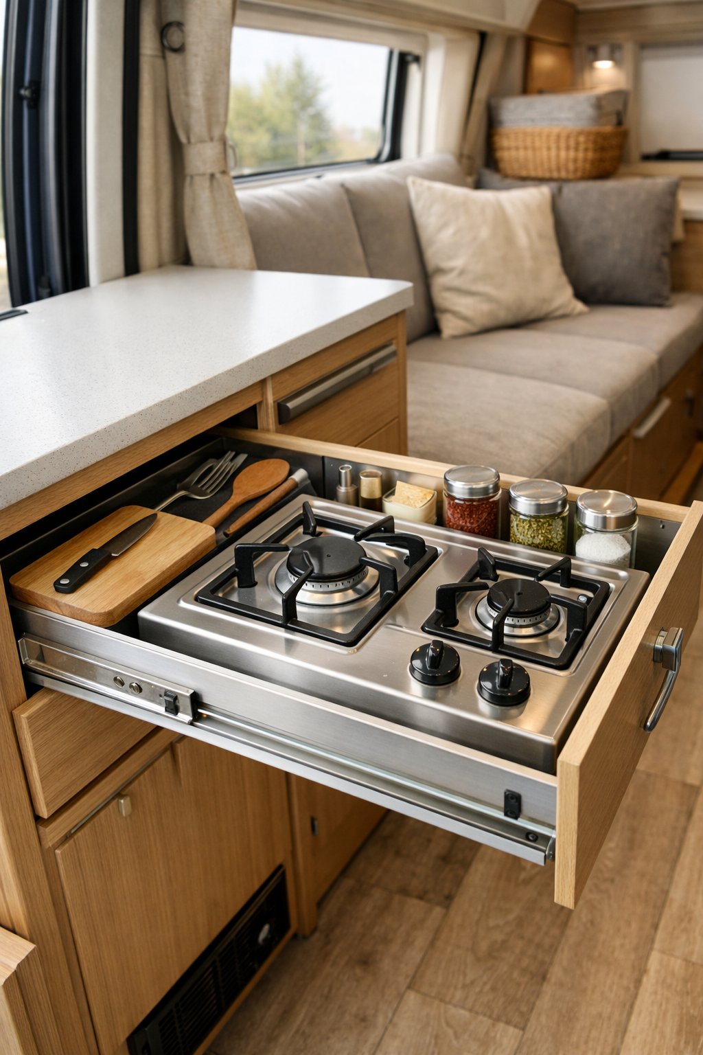 Pull-out kitchen drawer with built-in stove inside a camper van showing compact and organized cooking space.