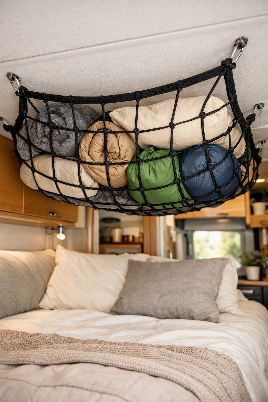 Overhead net storage holding camping gear above a bed inside a camper van.