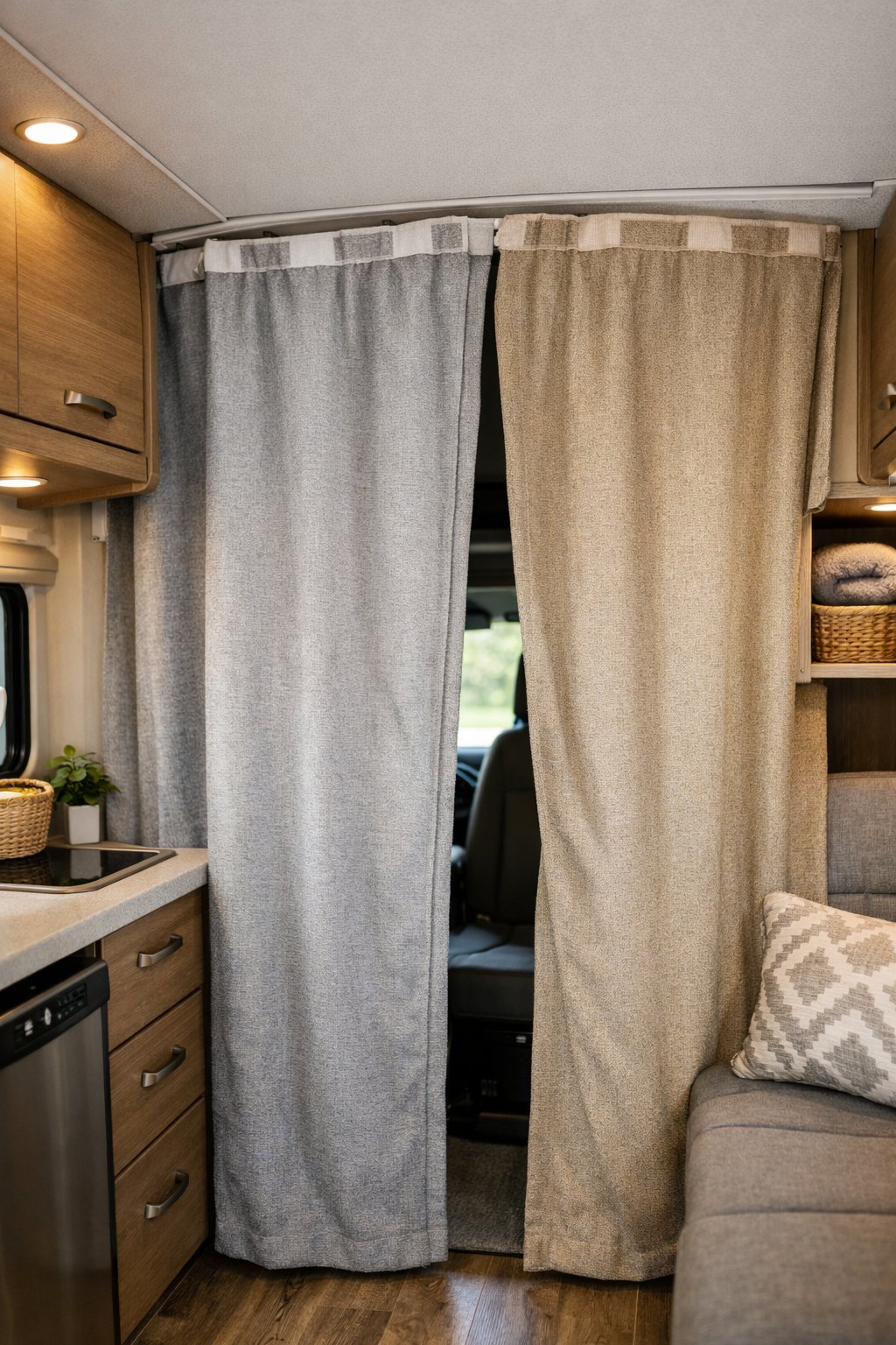 Interior of a camper van with velcro curtains partially drawn, showing a cozy and organized living space.
