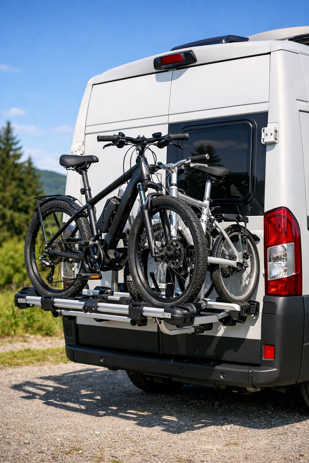 A camper van parked outdoors with a foldable bike rack mounted on its rear holding bicycles.