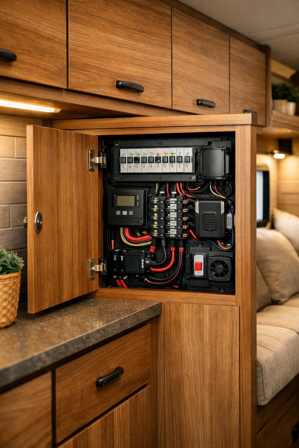 Open cabinet door inside a camper van revealing a neatly organized electrical panel with circuit breakers and wiring.