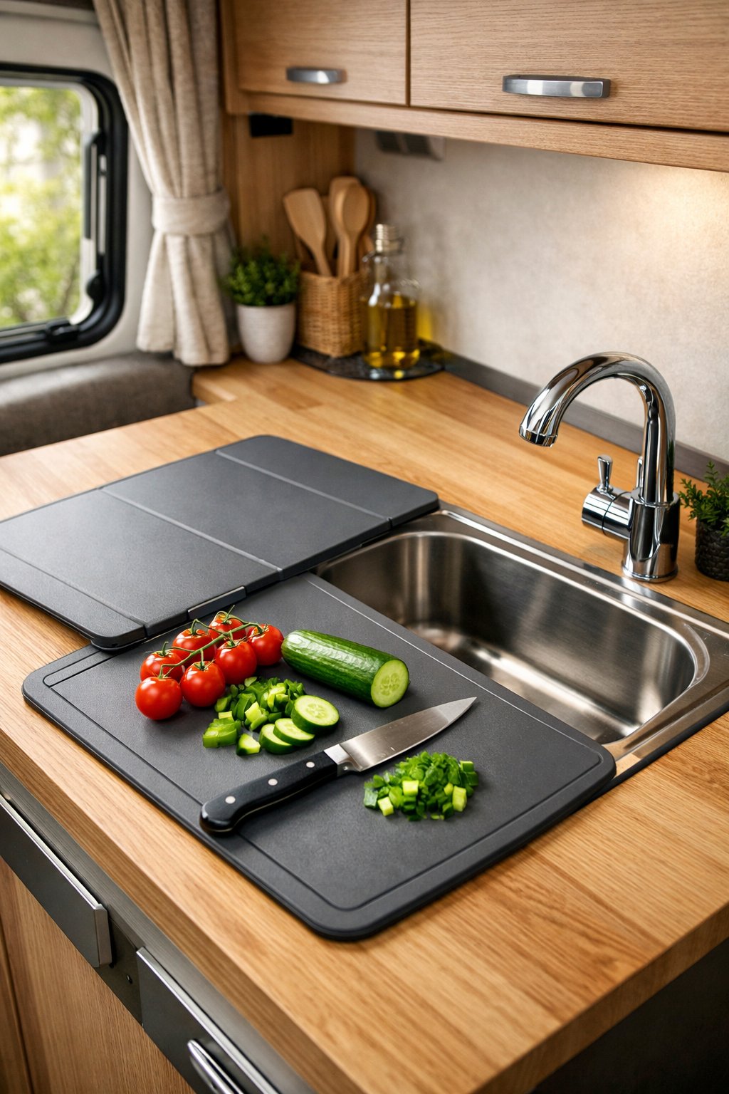 Interior of a camper van kitchen with a foldable sink cover used as a cutting board holding fresh vegetables and a knife.