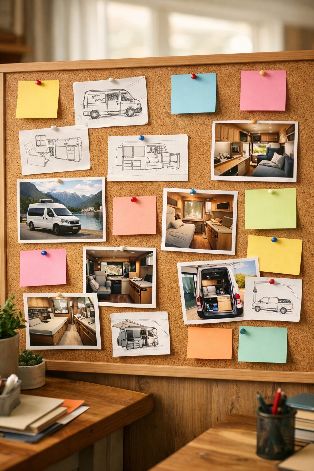 A cork bulletin board covered with pinned notes and photos about camper van conversion ideas in a workspace.
