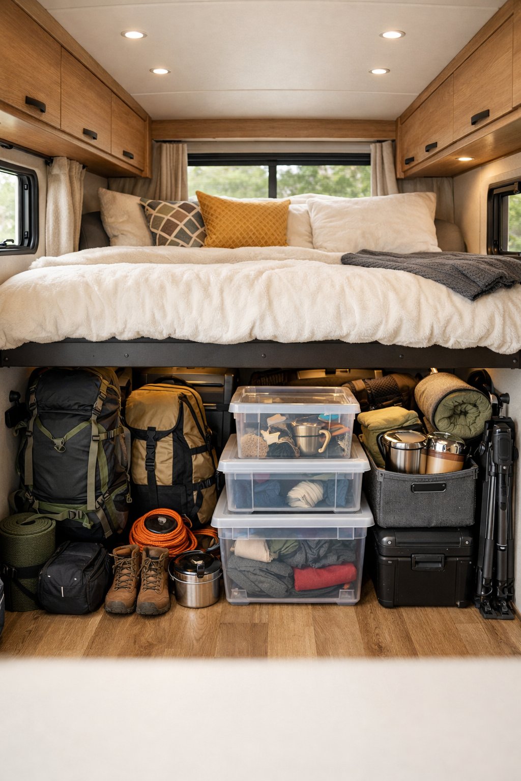 Interior of a camper van with an elevated bed and organized gear storage underneath.