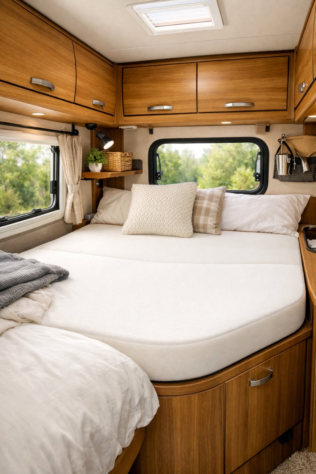 Interior of a camper van showing a neatly made bed with a custom-fit foam mattress topper and surrounding storage and wood paneling.
