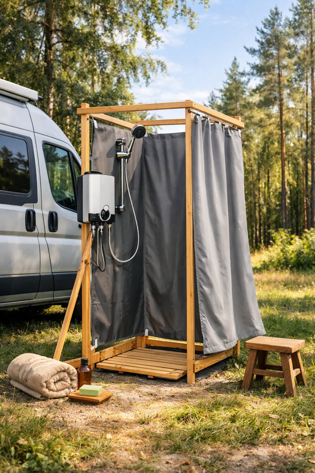 A collapsible outdoor shower setup next to a camper van in a forest clearing with trees and sunlight.