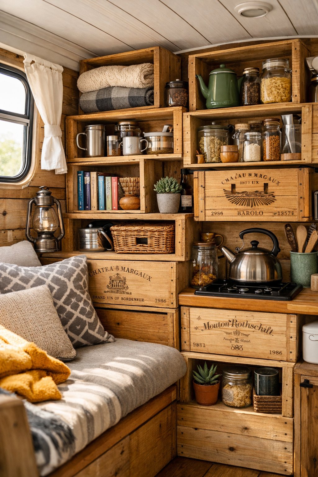 Interior of a camper van featuring wooden wine crate storage units filled with camping supplies and decor.