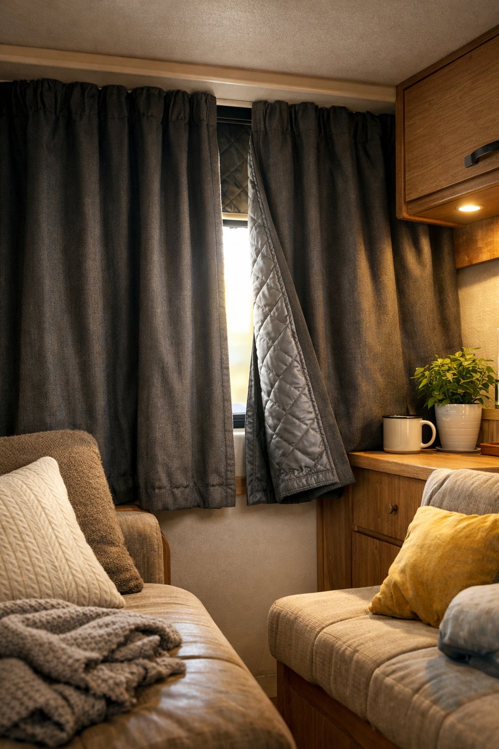Interior of a camper van showing blackout thermal curtains partially drawn over a window with cozy seating and wooden cabinets.