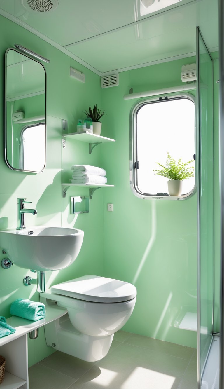 Compact RV bathroom with light green walls, a small sink, shower, and natural light coming through a window.