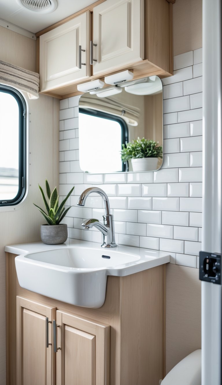 RV bathroom with a white subway tile backsplash behind the sink and faucet, light wood cabinets, mirror, and small decorative items.