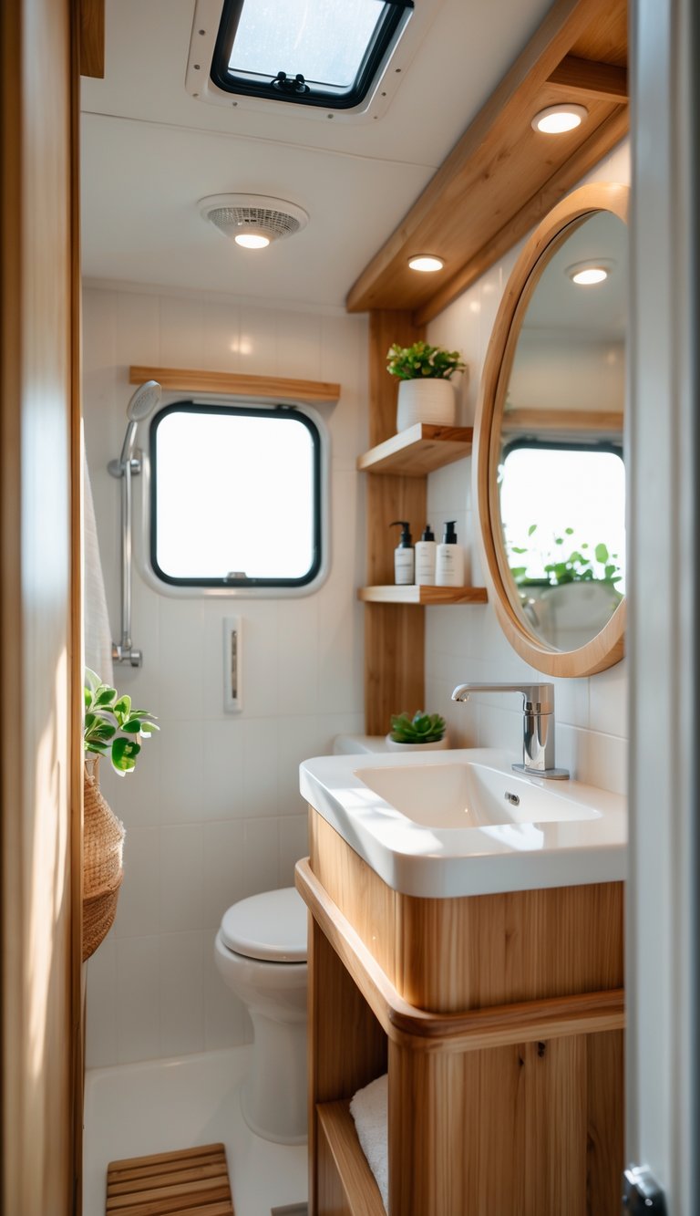 A small RV bathroom with wooden vanity, shelves, a round mirror, and a compact shower area.