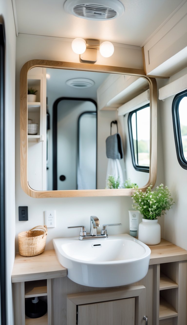 Interior of an RV bathroom with a new framed mirror above the sink and organized shelves.