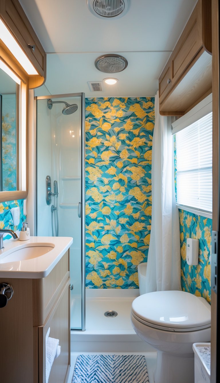 Interior of a renovated RV bathroom with peel-and-stick wallpaper, a small sink, and a shower area.