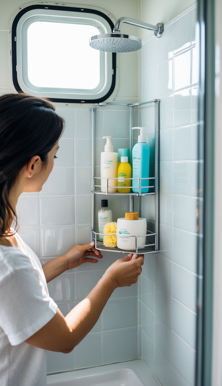 A person installing a corner shower caddy inside a small RV bathroom shower.