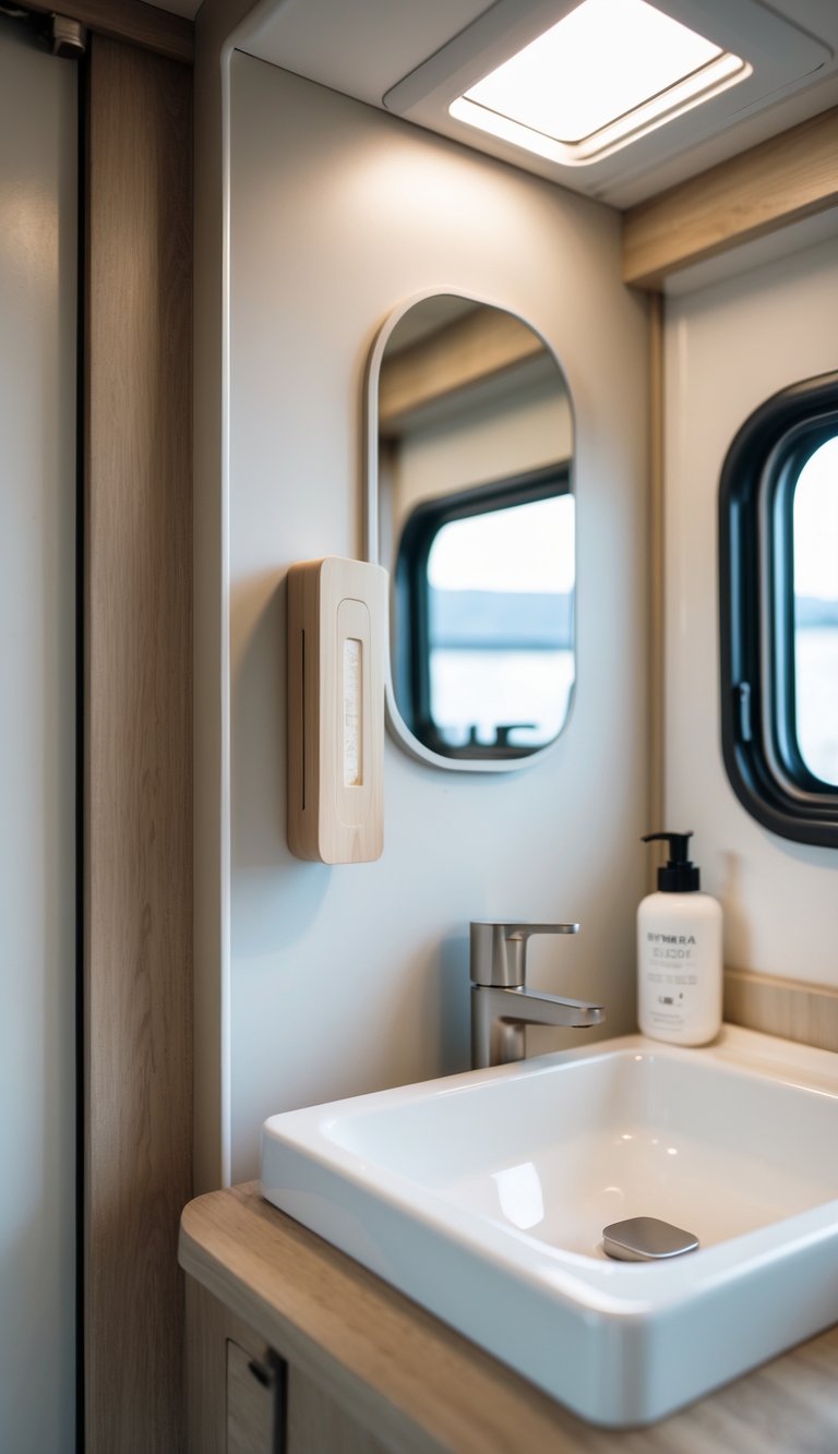 Interior of a small RV bathroom with a magnetic soap holder attached to the wall near the sink.