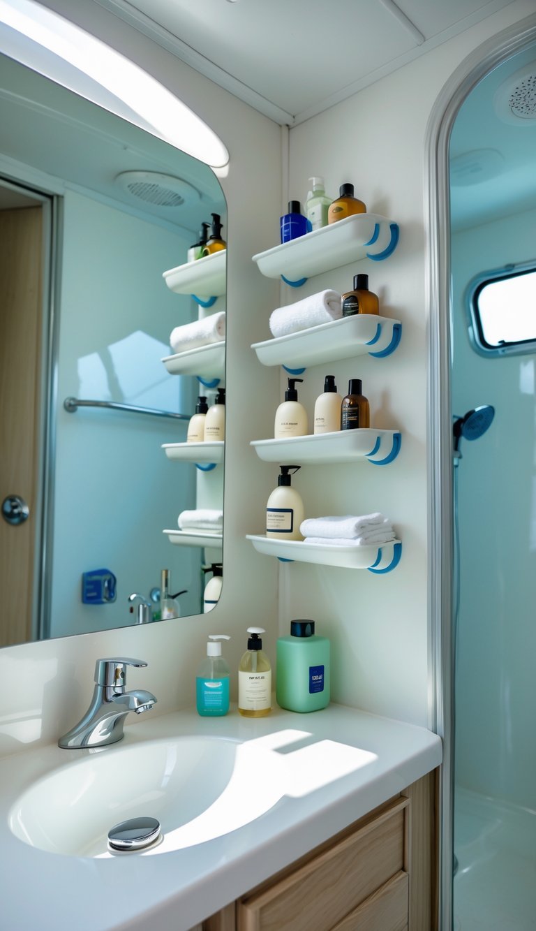 A small RV bathroom with suction cup shelves holding toiletries, a sink with a mirror, and a compact shower area.