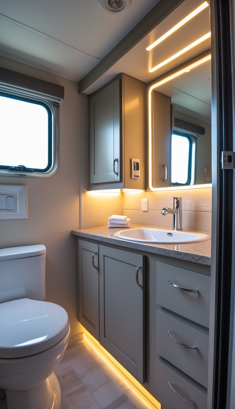 Interior of an RV bathroom with LED strip lighting installed under the cabinets, illuminating the countertop.