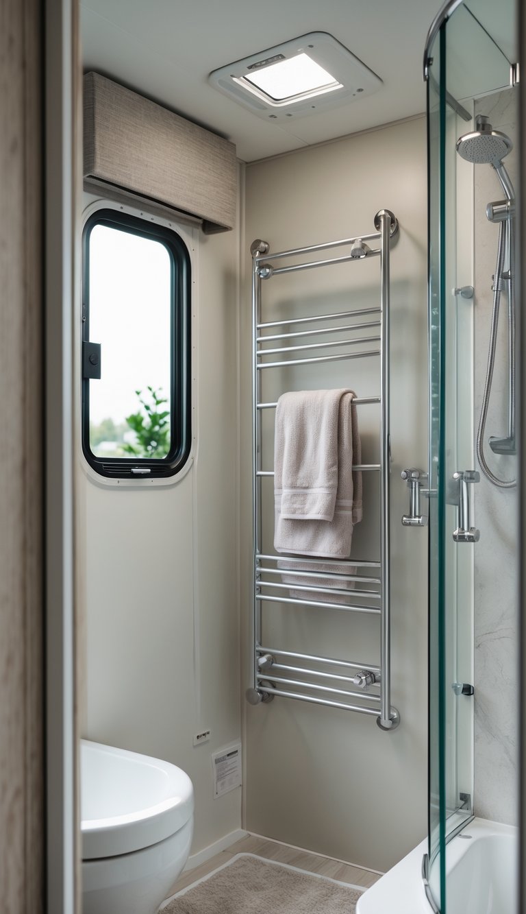 Interior of a small RV bathroom with a low-profile towel rack holding folded towels, a sink, and a corner shower.
