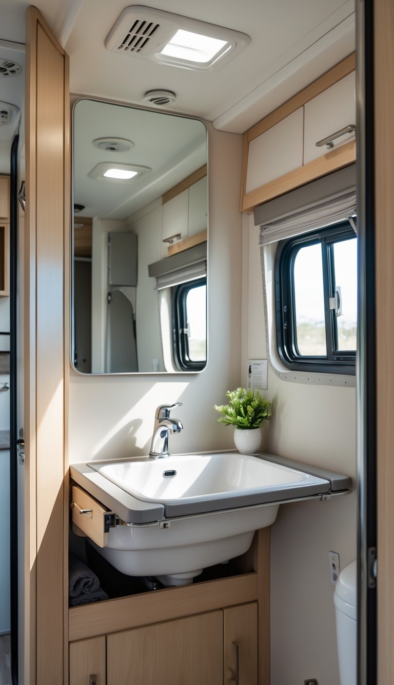 Compact RV bathroom with a fold-down sink folded against the wall and storage cabinets.