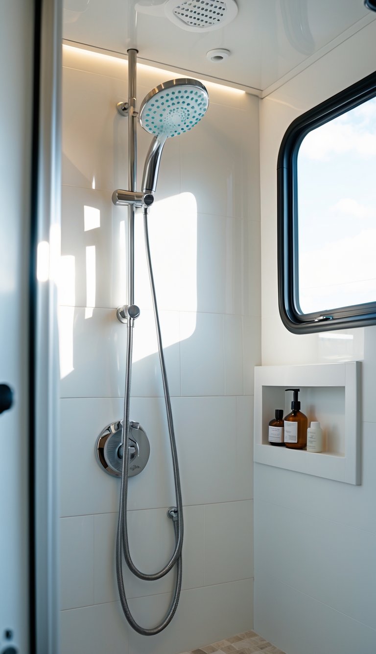 Compact RV bathroom with a removable shower head and light-colored tiles.
