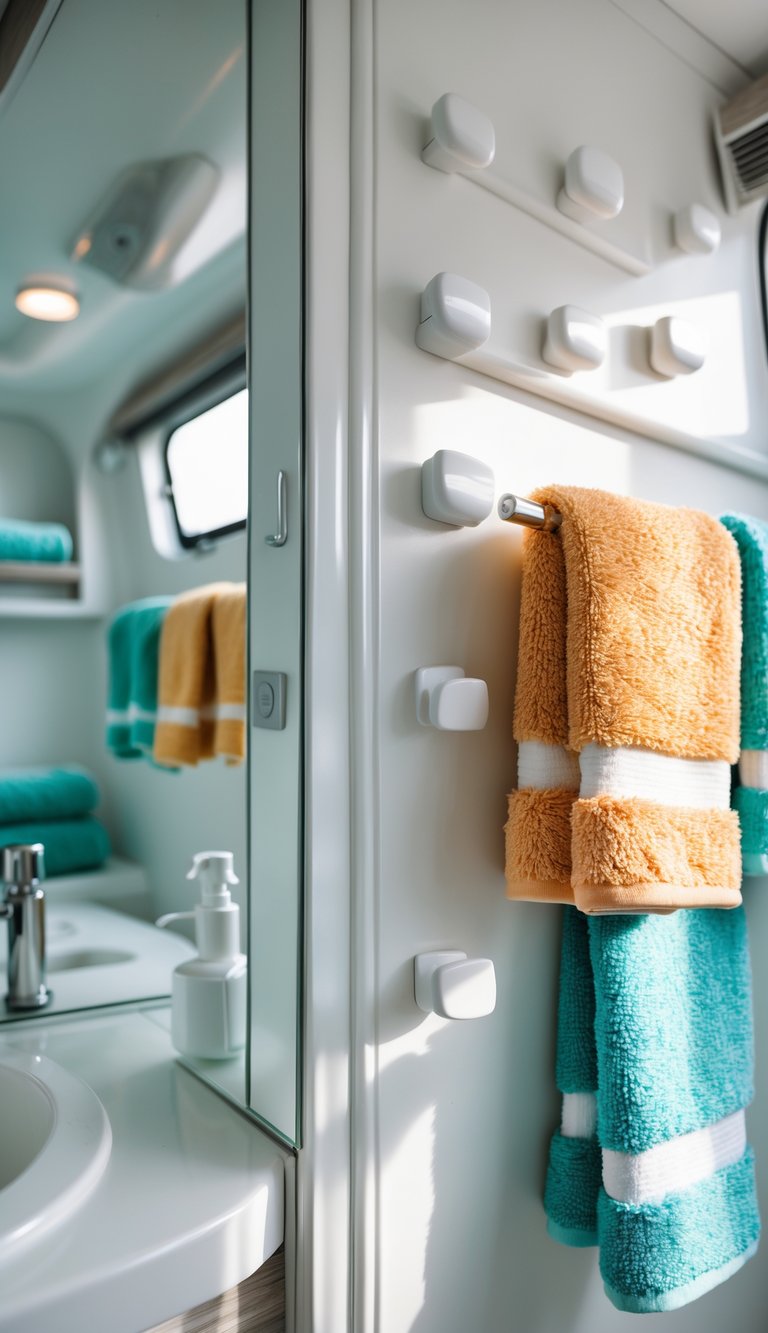 An RV bathroom with adhesive hooks on the wall holding colorful towels, a small sink, and a mirror.