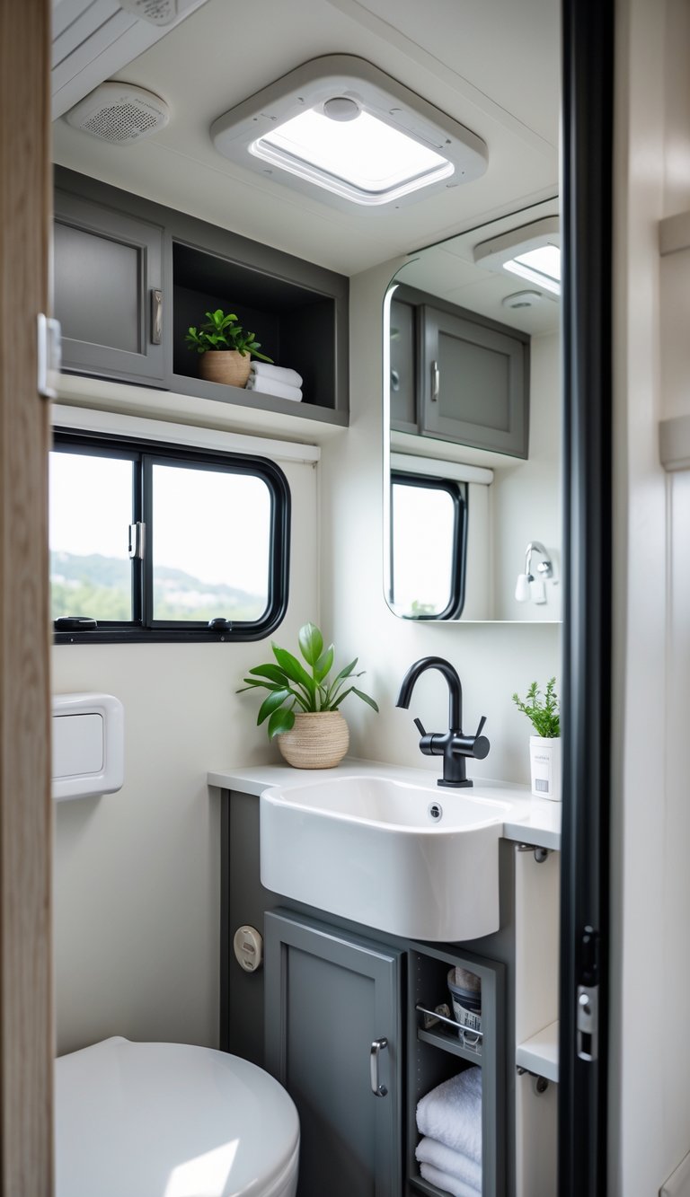 Compact RV bathroom with a small potted plant on the countertop and modern fixtures.