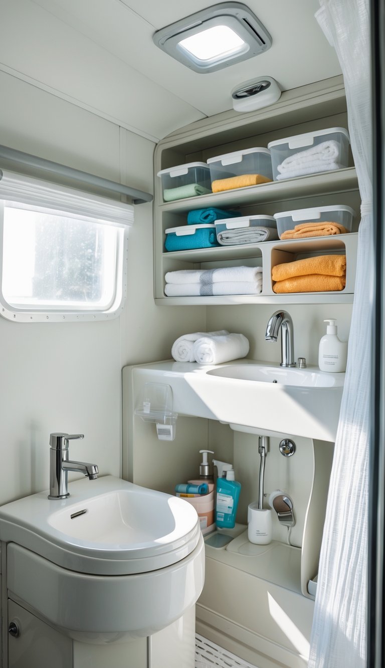 An organized RV bathroom with transparent storage bins holding towels and toiletries, a small sink, toilet, and shower area.