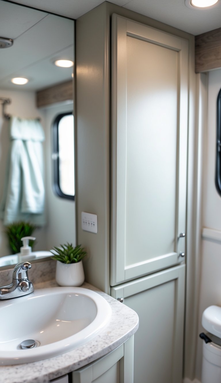 Close-up of freshly painted cabinetry in a small RV bathroom with a sink and mirror visible.