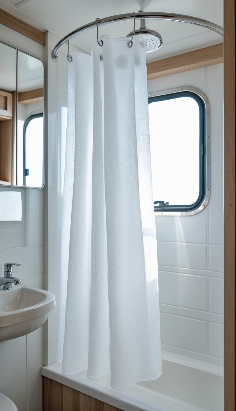 Interior of a compact RV bathroom with a translucent silicone shower curtain hanging inside the shower area.