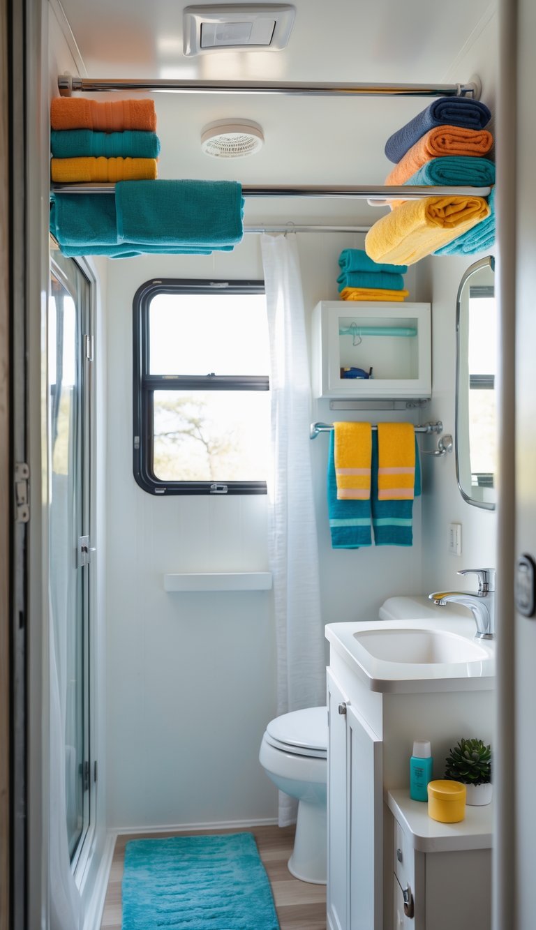 RV bathroom with a tension rod holding towels and travel accessories above the shower.