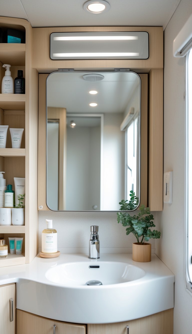 An RV bathroom with a mirror that has built-in storage cabinets above a sink, showing organized toiletries and a small plant.