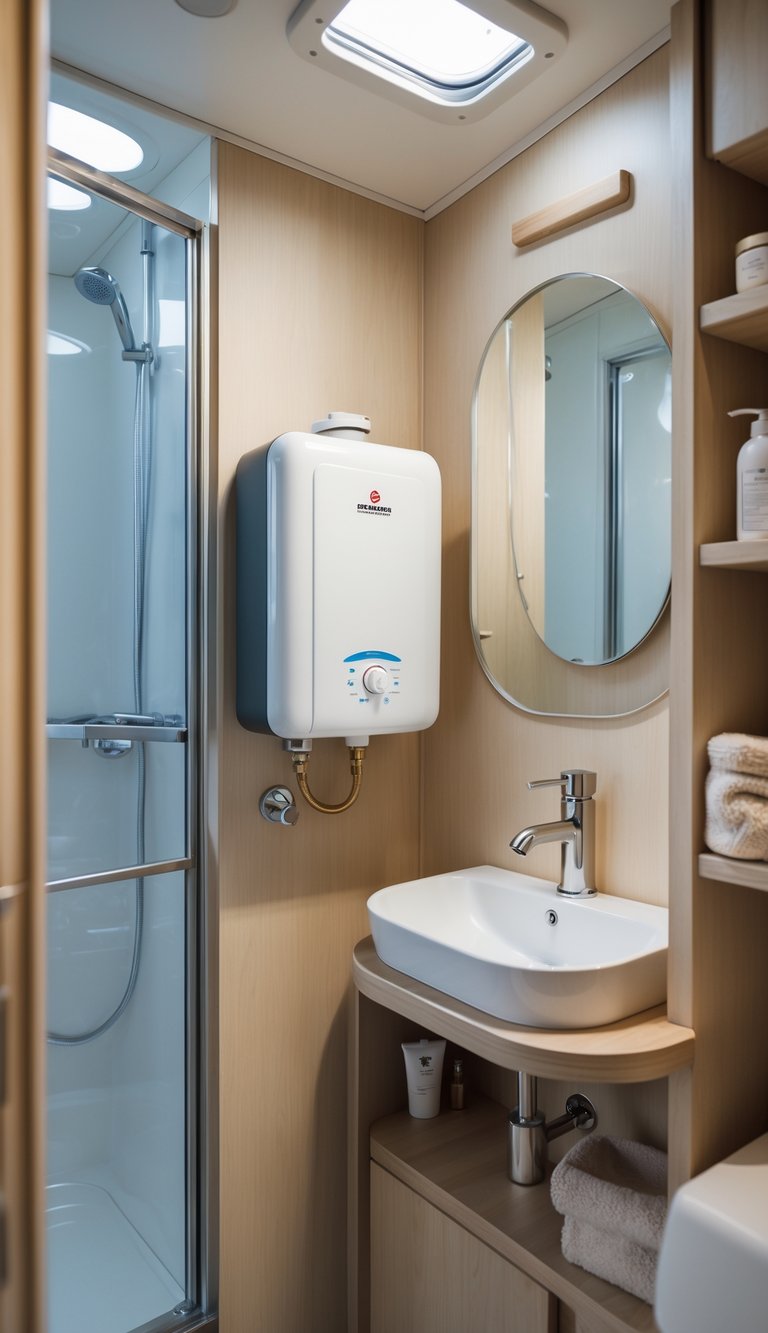 A small RV bathroom with a compact electric water heater mounted on the wall above a sink, next to a corner shower and storage shelves.