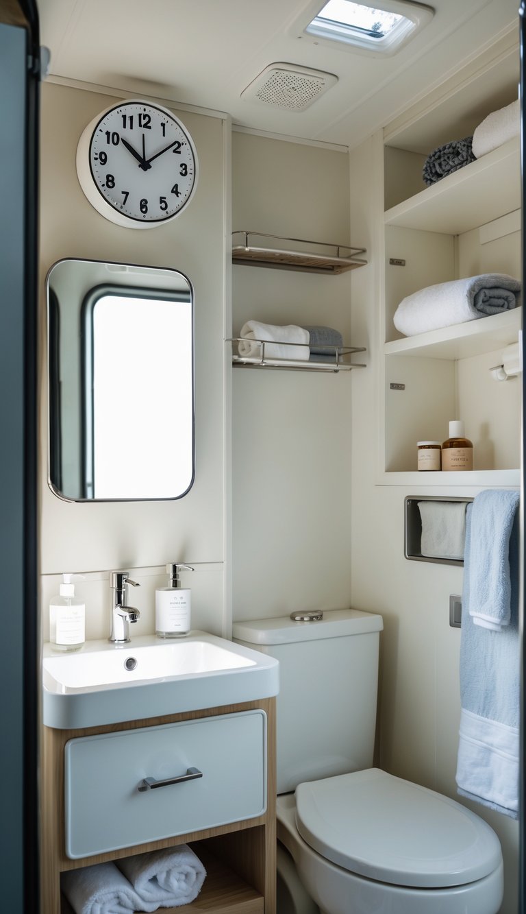 Compact RV bathroom interior with a small wall clock above the sink, featuring modern fixtures and organized storage.