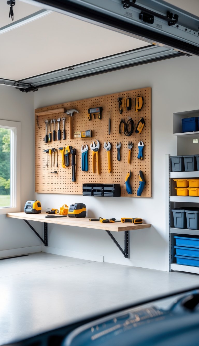A garage wall with a wooden pegboard holding various hand tools neatly organized above a workbench.