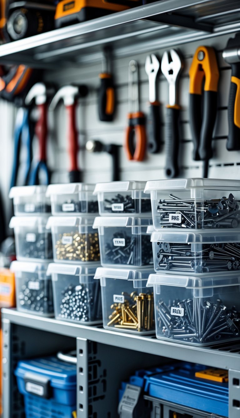 A garage shelf with clear bins holding small hardware like nails and screws, surrounded by organized tools.