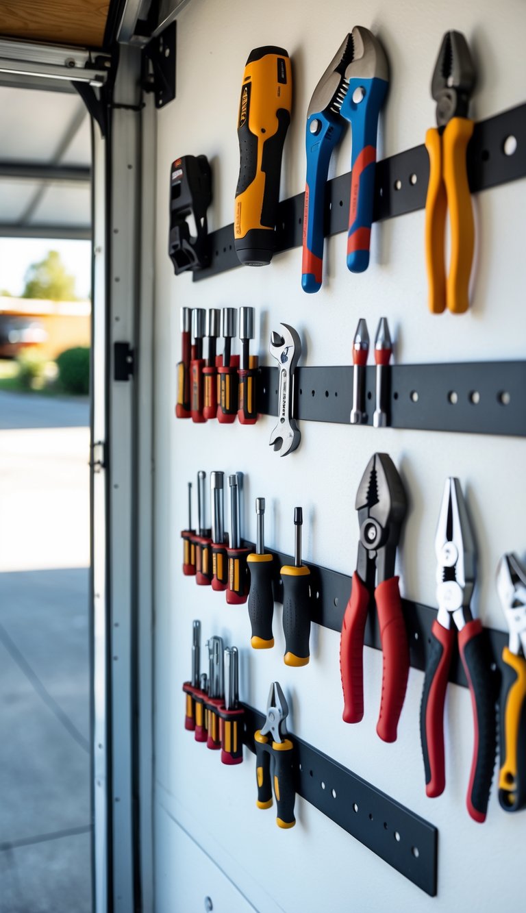A garage wall with magnetic strips holding screwdrivers and metal tools in an organized manner.