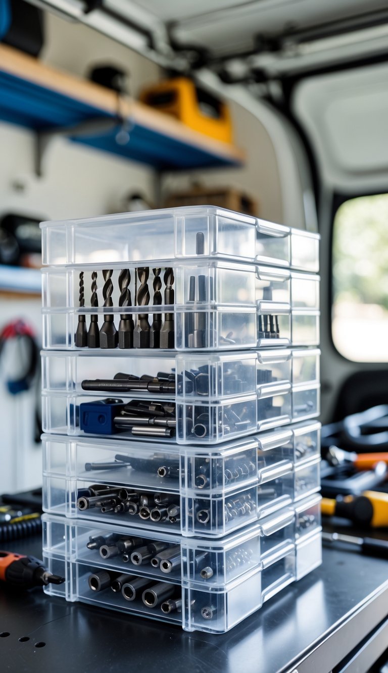 A garage workbench with stackable clear plastic drawers organizing drill bits and attachments.