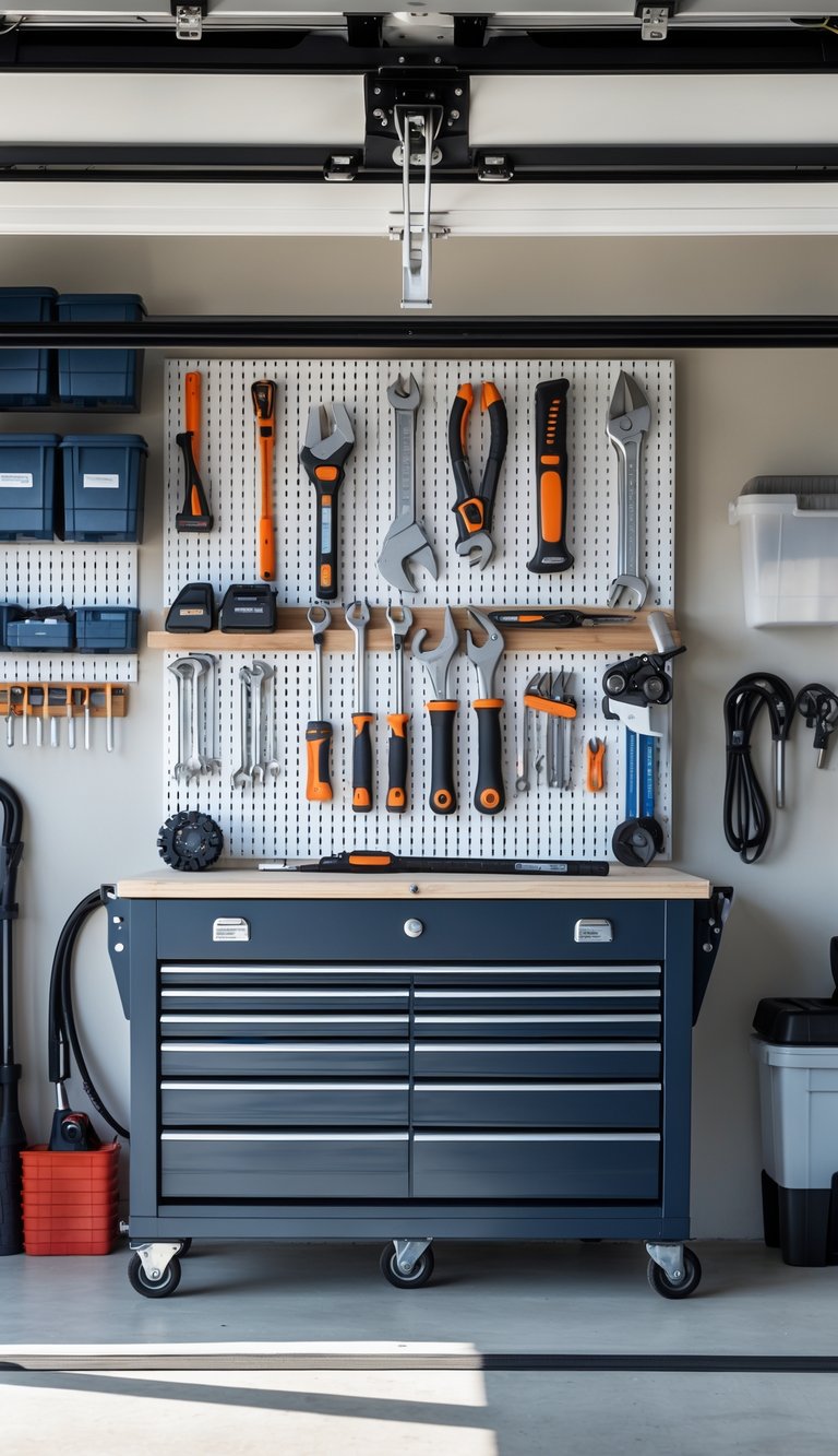 A garage with a fold-down workbench open, surrounded by organized tools and storage bins.