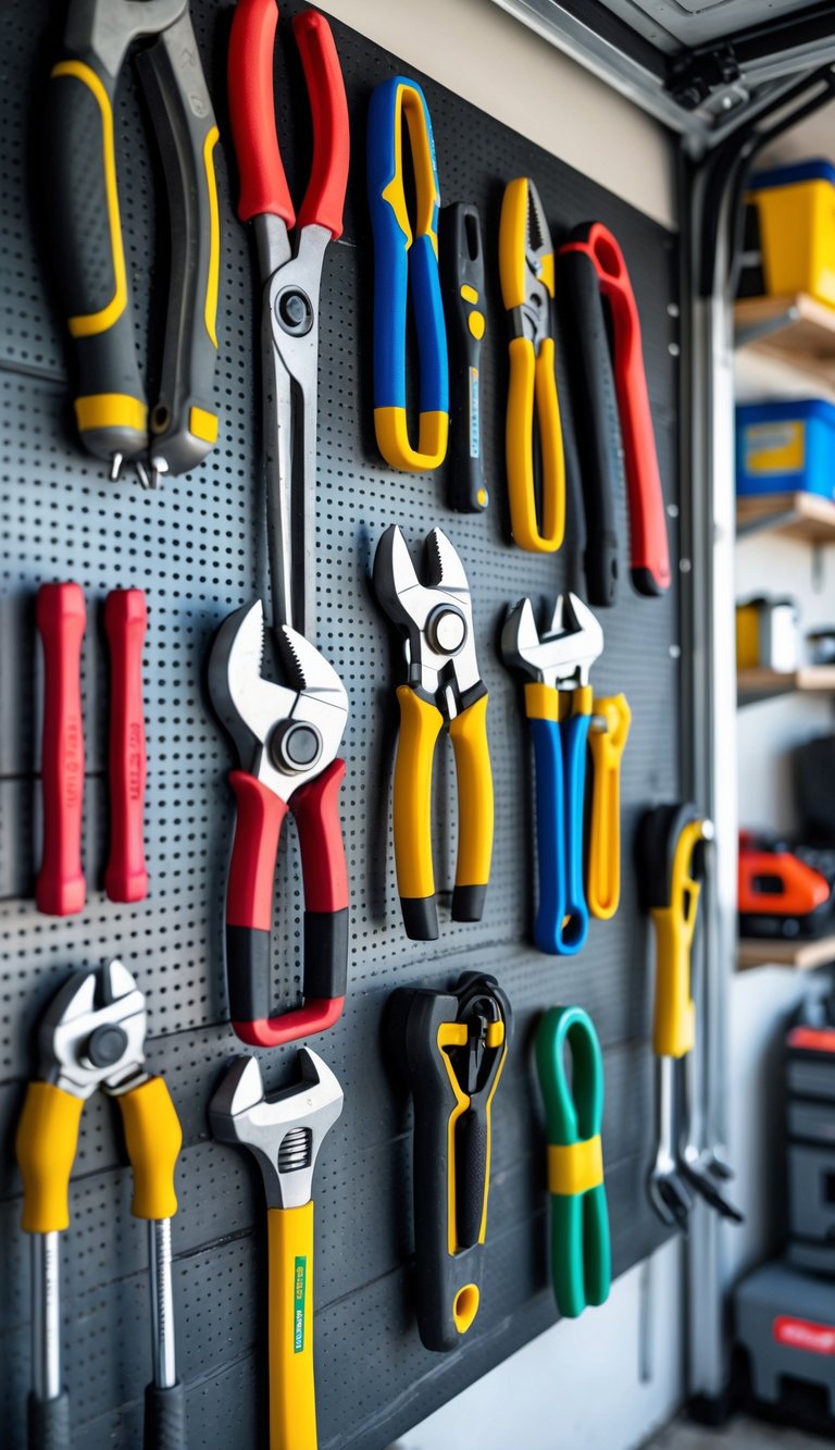 A garage wall with hand tools hanging on a pegboard, each tool handle wrapped in different colored tape for easy identification.