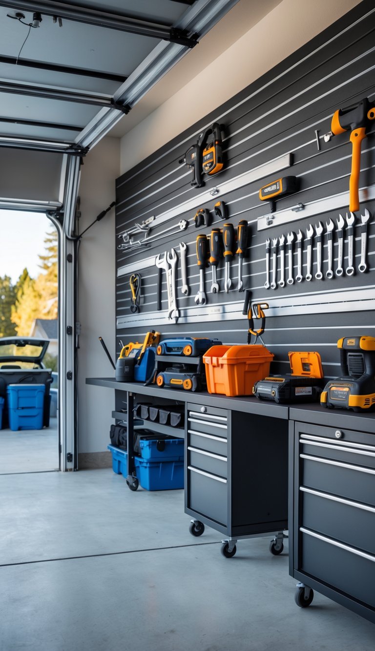 A garage wall with slatwall panels holding various organized tools like wrenches and hammers, with storage bins and toolboxes nearby.