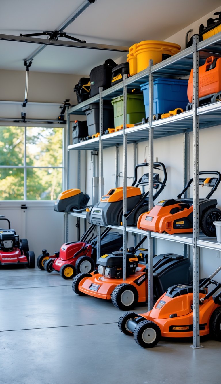 Garage interior with heavy-duty shelving storing large tools like lawnmowers and gardening equipment.