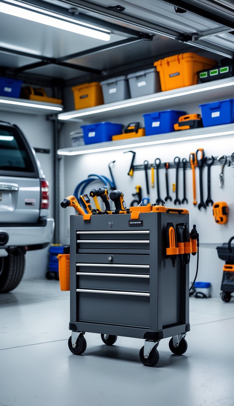 A clean and organized garage with a mobile tool cart filled with tools and a vehicle in the background.