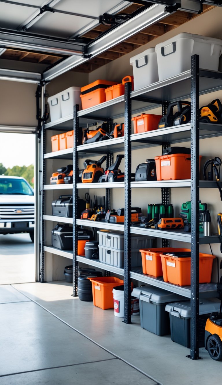 A garage with adjustable shelving units holding various tools and storage bins, with a vehicle partially visible in the background.