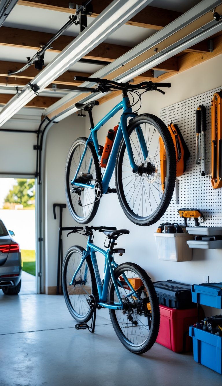 A garage with bicycles hung vertically on the wall and organized tools on shelves and pegboards.