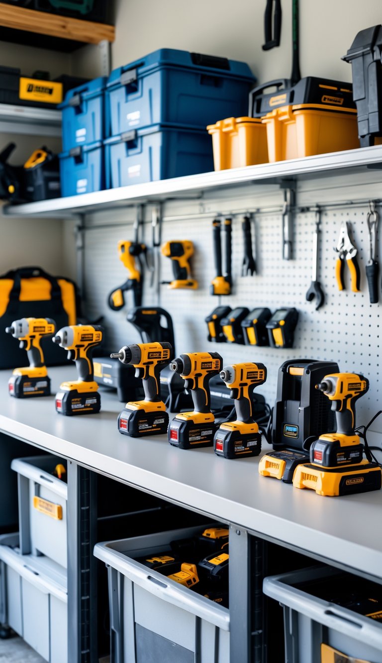 A garage workbench with cordless power tools and their batteries placed on charging stations, surrounded by organized shelves and storage bins.