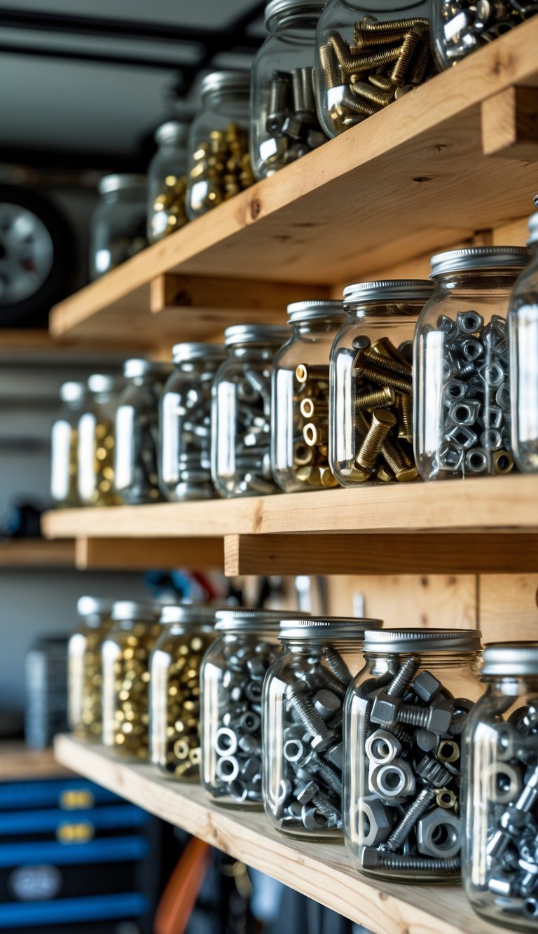 Clear jars filled with nuts and bolts neatly arranged on shelves in a garage.