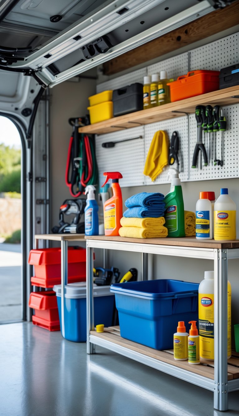 A clean and organized garage area with shelves holding cleaning rags, lubricants, and maintenance supplies, with tools hanging in the background.