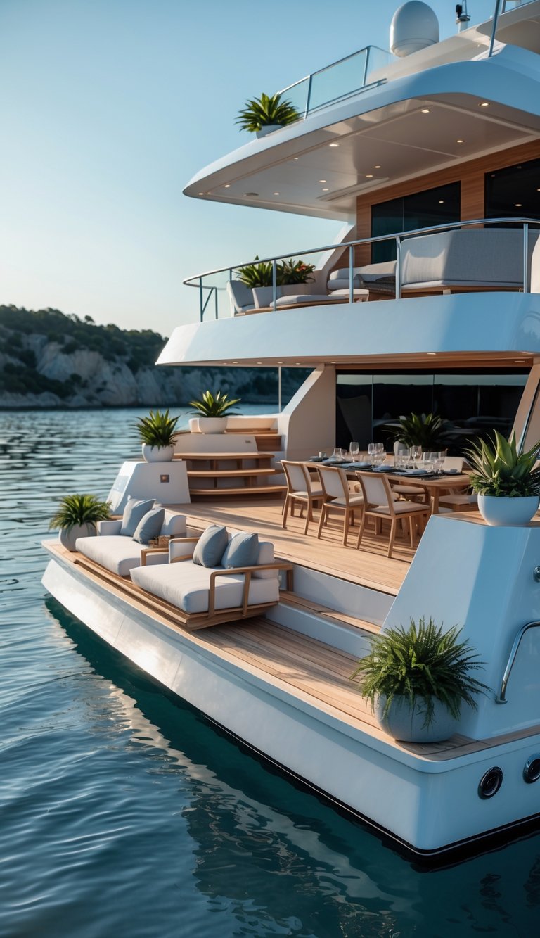 A multi-level boat deck with different areas for relaxing, including lounge chairs, a dining table, and sunbathing cushions, on calm blue water.