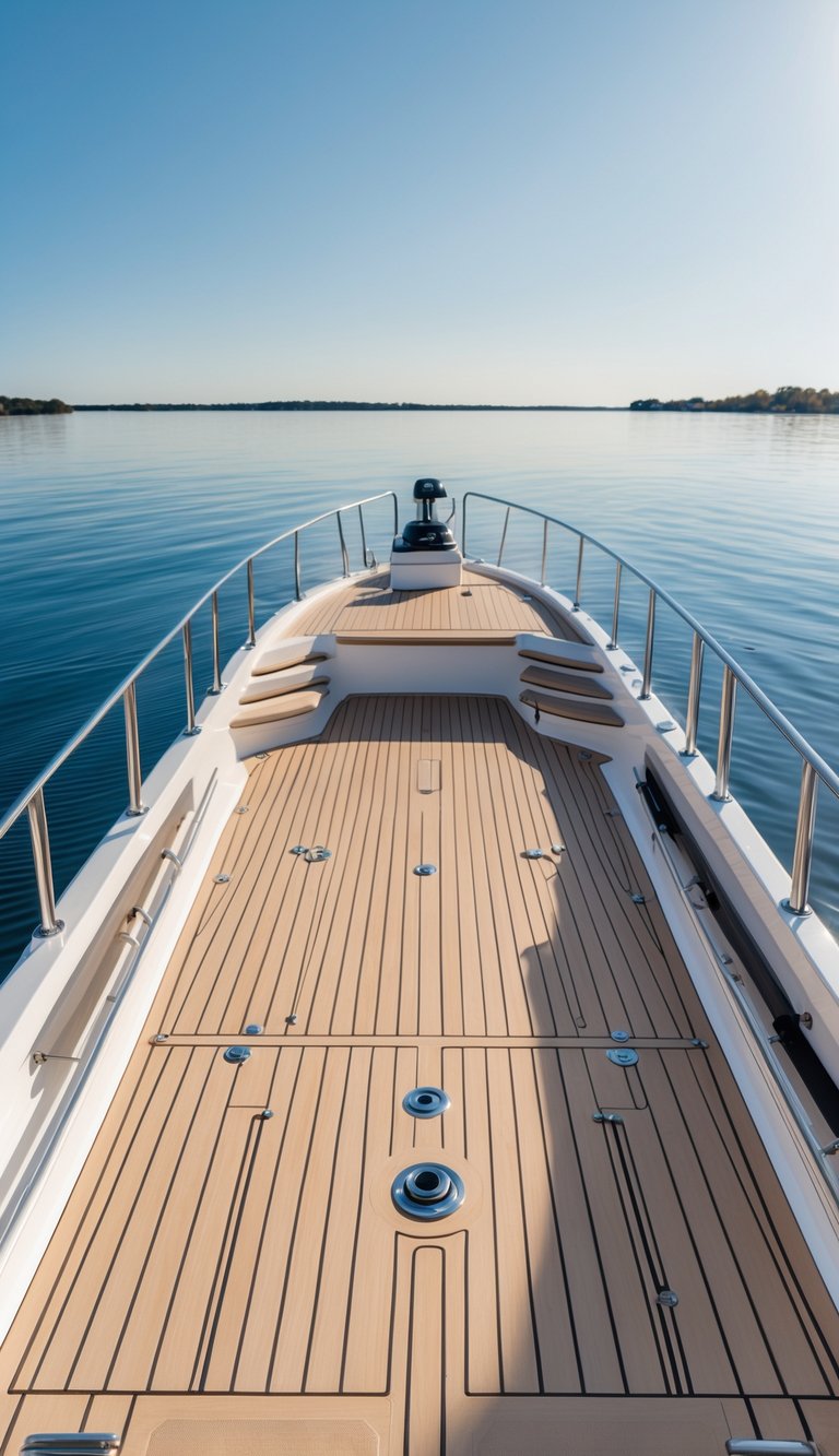 A modern boat deck with composite wood flooring overlooking calm water under a clear sky.