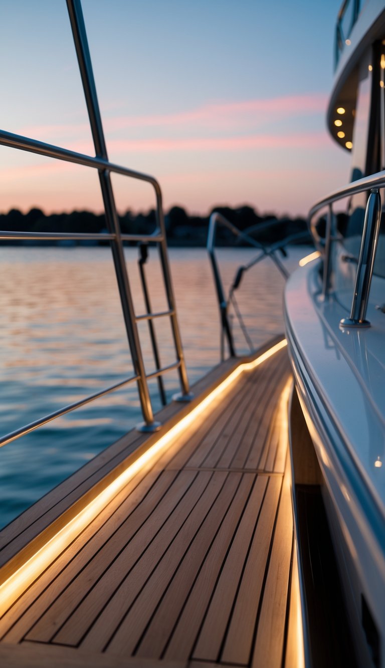 A modern boat deck at dusk illuminated by solar-powered lights along the railings and floor, with calm water and a soft sunset sky in the background.